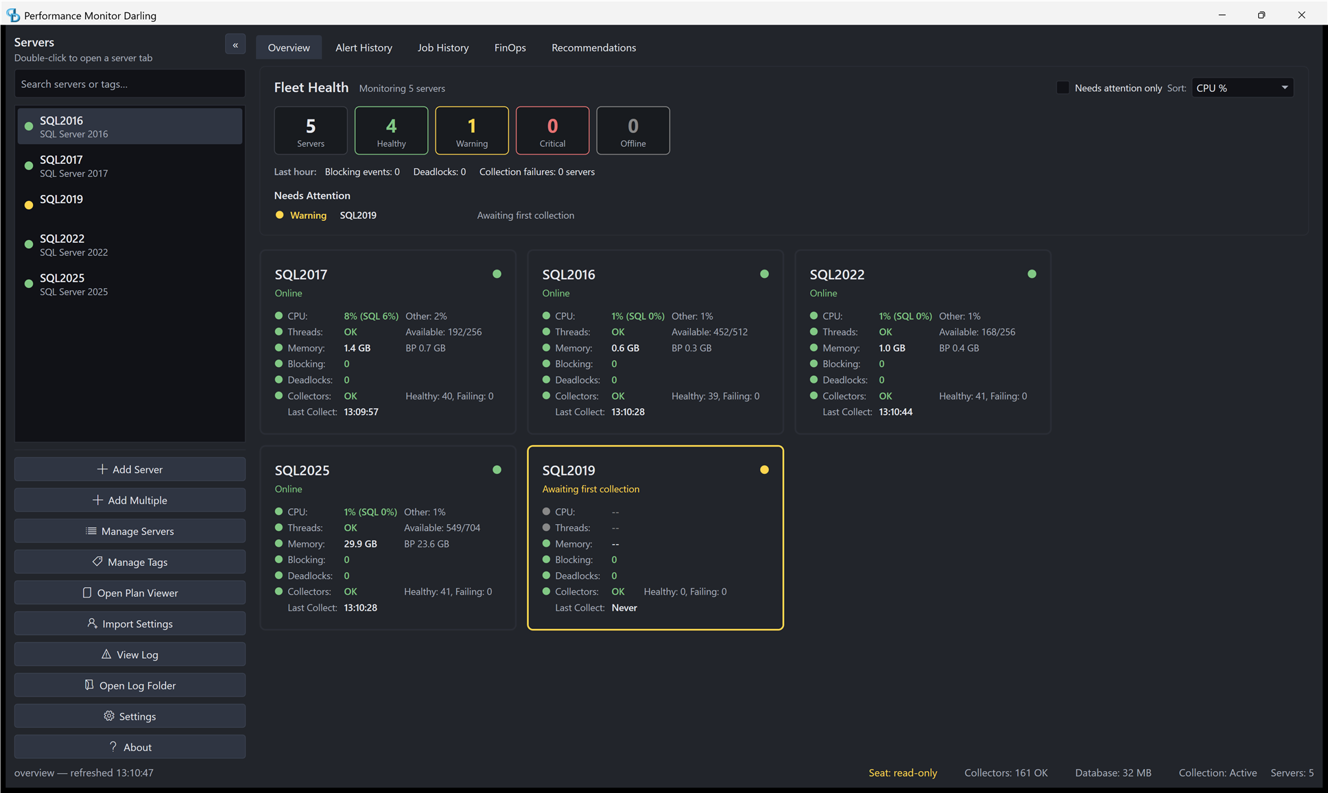 Darling desktop viewer connected to the same store, listing all five configured servers