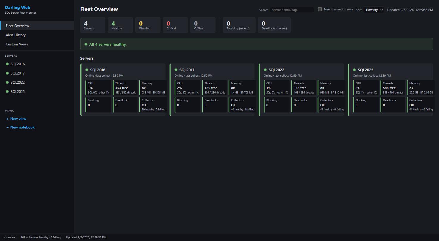 Darling web dashboard fleet overview showing four healthy SQL Servers minutes after install
