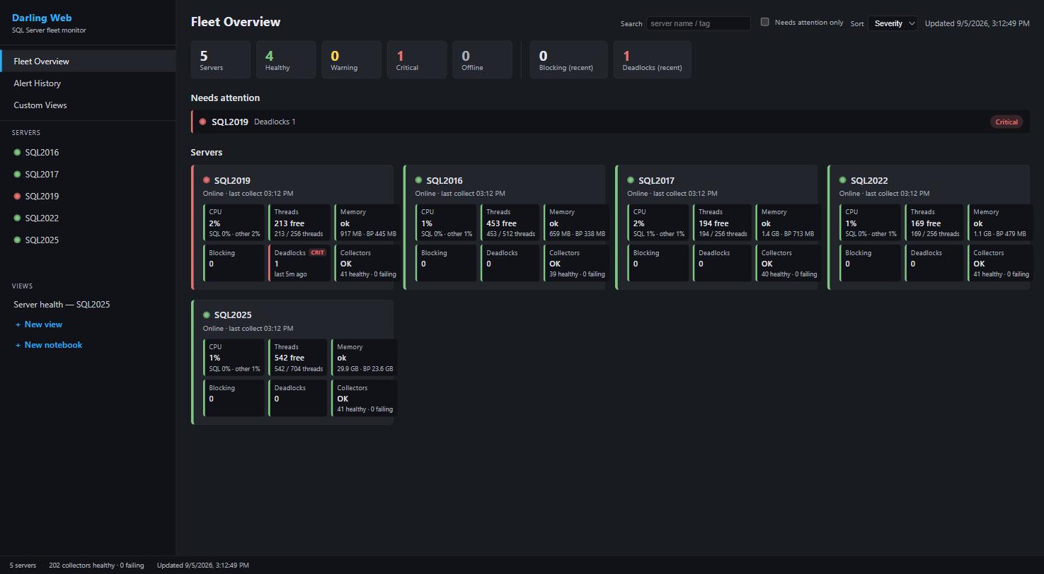 Free SQL Server and PostgreSQL monitoring: Darling web dashboard fleet overview with five servers